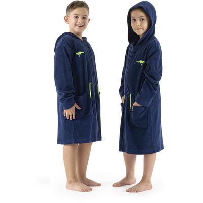 Kinderbademantel KANGAROOS "Kira, Ideal für Zuhause, Schwimmbad oder im Urlaub" Gr. 104, blau, 104, Leichtfrottier, Hausmäntel, modernen, sportliches Design, leuchtenden Akzenten