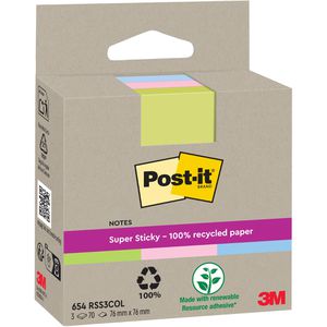Post-it Haftnotizen Recycling Super Sticky, bunt, 76 x 76mm, selbstklebend, 3x 70 Blatt