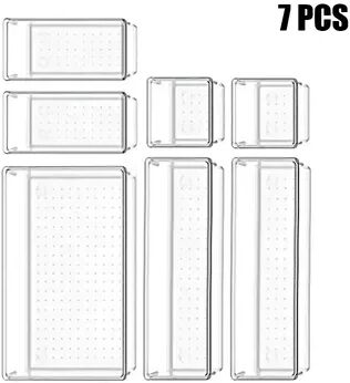 Inspire Daily Merch Versatile Drawer Organizer Set, Clear Plastic Trays And Dividers For Makeup And Kitchen Storage 7pcs