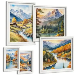 BILDER SET 5er Set - 50x50 cm & 20x30 cm & 40x60 cm Weißer Rahmen - Bergblick, Fluss, Herbst