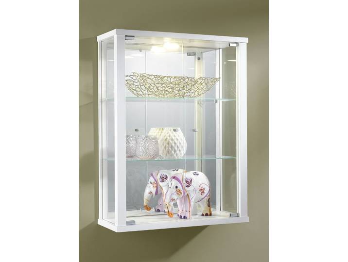 Hängevitrine mit ESG-Sicherheitsglas, Weiss, mit LED-Beleuchtung und Spiegelrückwand