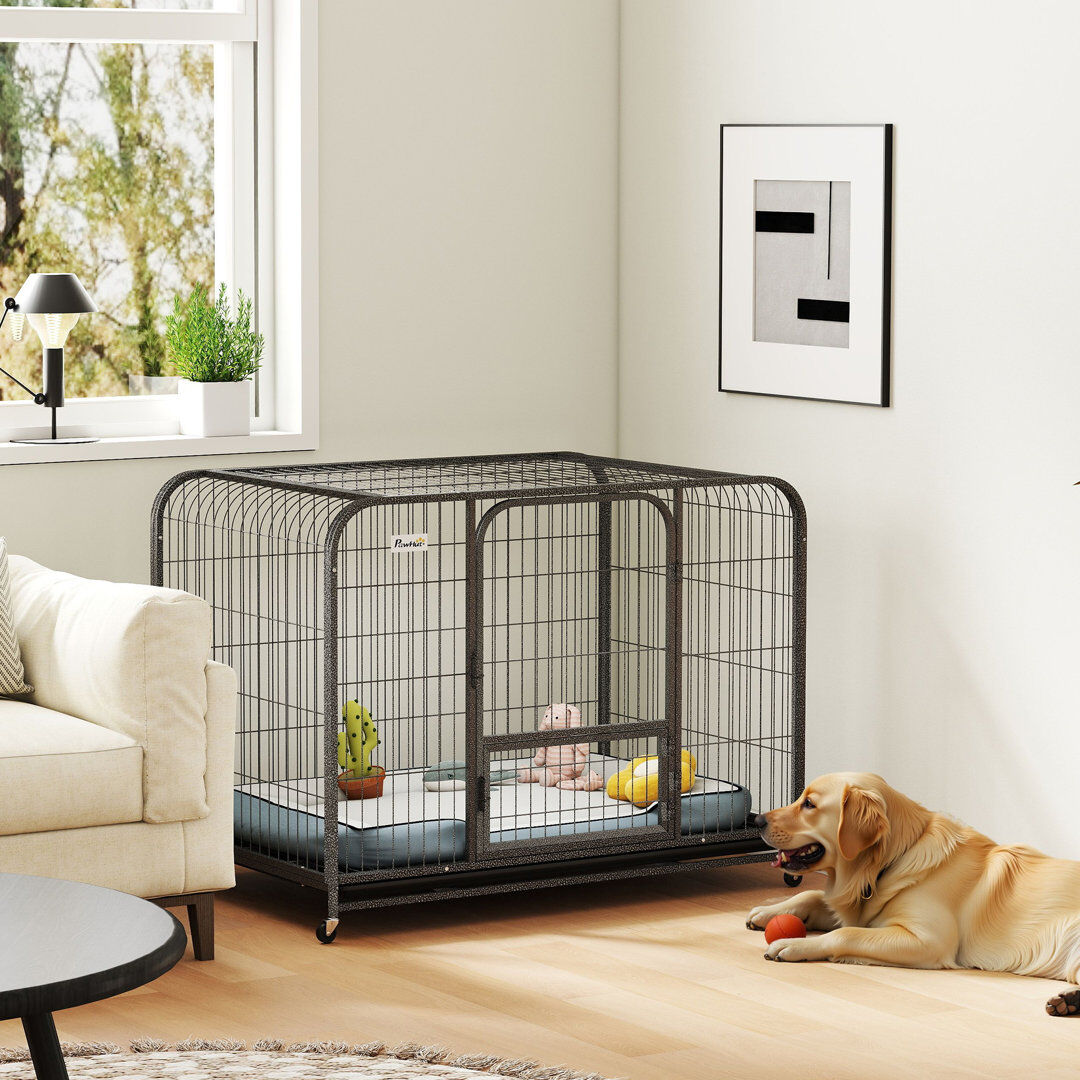 PawHut Heavy Duty Dog Crate Large Dog Cage with Wheels and Tray Black 88cm H x 72cm W x 116cm D