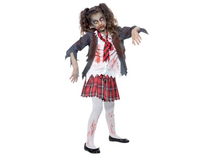 Zombie School Girl Costume, Grey, with Skirt, Jacket, Mock Shirt & Tie, (M)