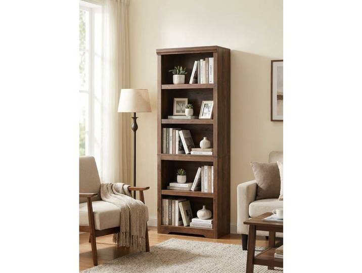 Bibliothèque à 5 niveaux - GARVEE - Étagère réglable - 80 cm - Chêne brun - Construction en bois robuste
