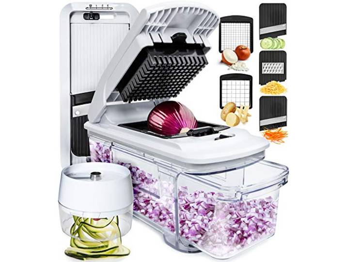 Fullstar Gemüseschneider und Mandoline Gemüsehobel - Julienne- und Würfelschneider für Gurken Zwiebeln Kartoffeln Früchte - Reibe für Gemüse Käse - Küchenzubehör Küchengeräte (Alles-in-1 Weiß)