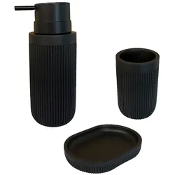 Relaxdays Bad Accessoires, 3-teilig, Seifenschale, Seifenspender, Zahnputzbecher, Polyresin, Bad Zubehör Set, schwarz