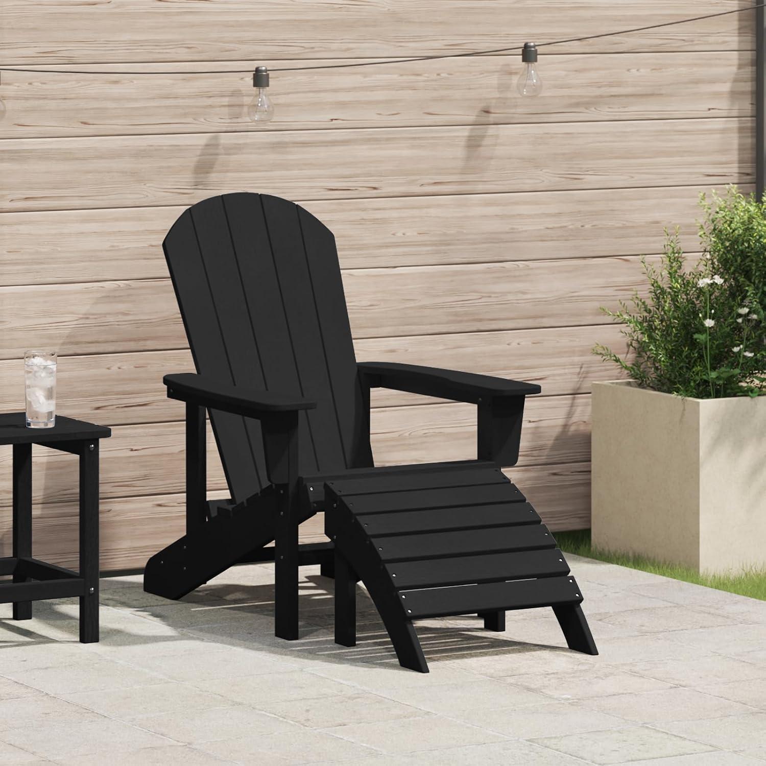 Schwarzer Adirondack-Gartenstuhl mit Fußstütze aus HDPE, Gartenmöbel, Gewicht: 21.48KG