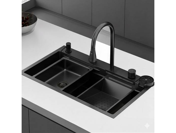 Faizee Home Edelstahlspüle Faizee Home Edelstahlspüle Premium, Wasserfall Armatur Set