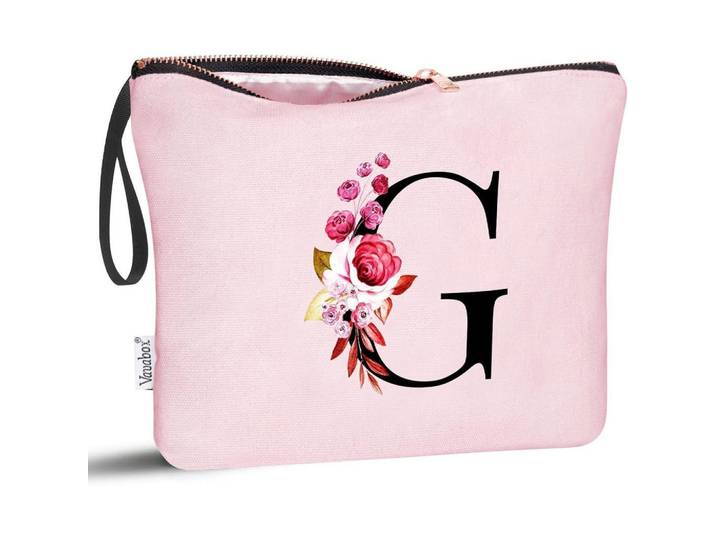 Kulturbeutel mit Initial G und Blumenprint Pink, Rosa, 5x16x24 cm, Badaccessoires, Kosmetikdosen