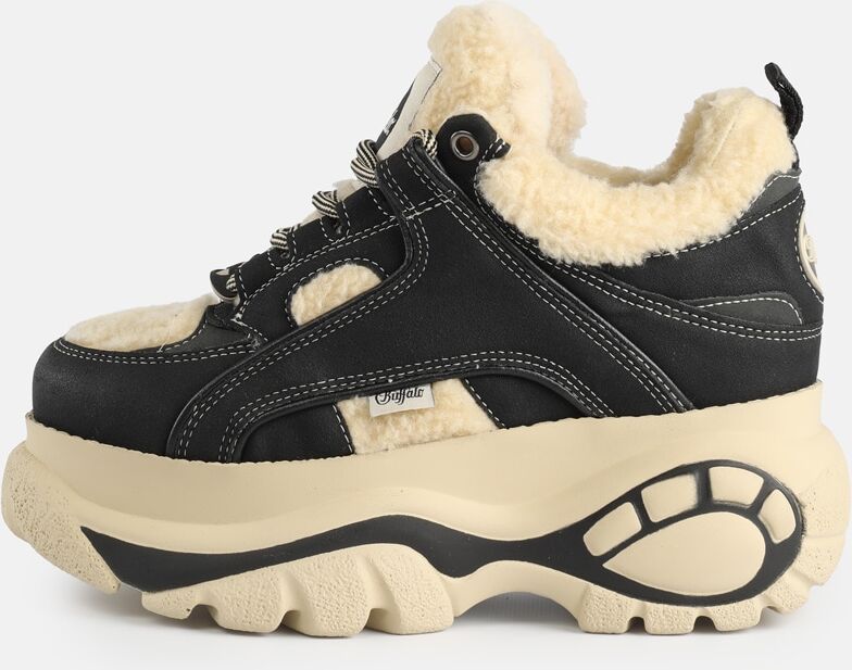 Plateausneaker BUFFALO "REV", Damen, Gr. 37, Warmfutter, schwarz (schwarz, creme), Nubuklederimitat, Schuhe Plateausneaker, Chunky-Sneaker, Freizeitsneaker mit Warmfutter