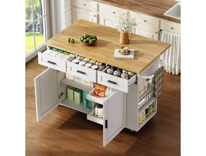 Îlot central cuisine mobile avec meuble de rangement et prises Desserte avec organiseur coulissant et tiroir Blanc