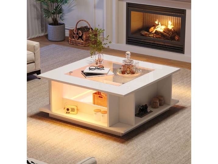 Table Basse HOMPANY Carrée 70x70x30 Cm Blanc Plateau Verre LED Panneau De Particules Charge 30 Kg