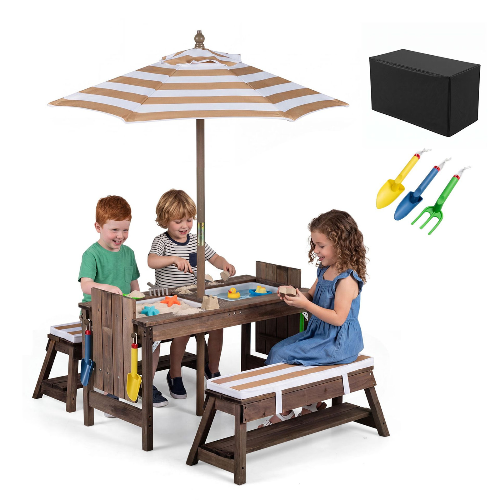 Costway Kinderpicknicktafel van Hout met 2 Banken, Parasol en Afneembare Zitkussens en Dozen, Bruin