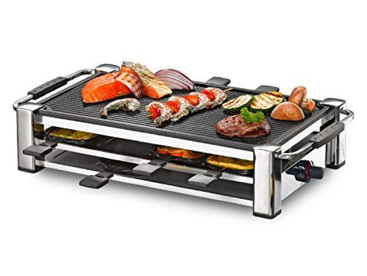 ROMMELSBACHER RCC 1500 Raclette-Grill (extra langes Kabel (2m), Tischgrill für 8 Personen, gerippte Alu-Druckguss-Grillplatte, Xylan Plus Antihaftbeschichtung, Parkdeck, 1500 W) chrom