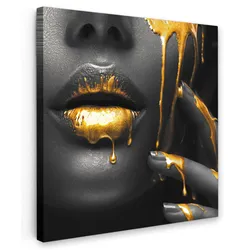 LEINWANDBILD Frau - Schwarz - Gold - Gesicht - Lippen Wandbild Wohnzimmer 50x50 cm