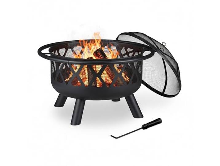 Relaxdays Brasero avec Protection étincelles\, Jardin et terrasse\, tisonnier\, Foyer extérieur\, en Acier; D 75 cm\, Noir
