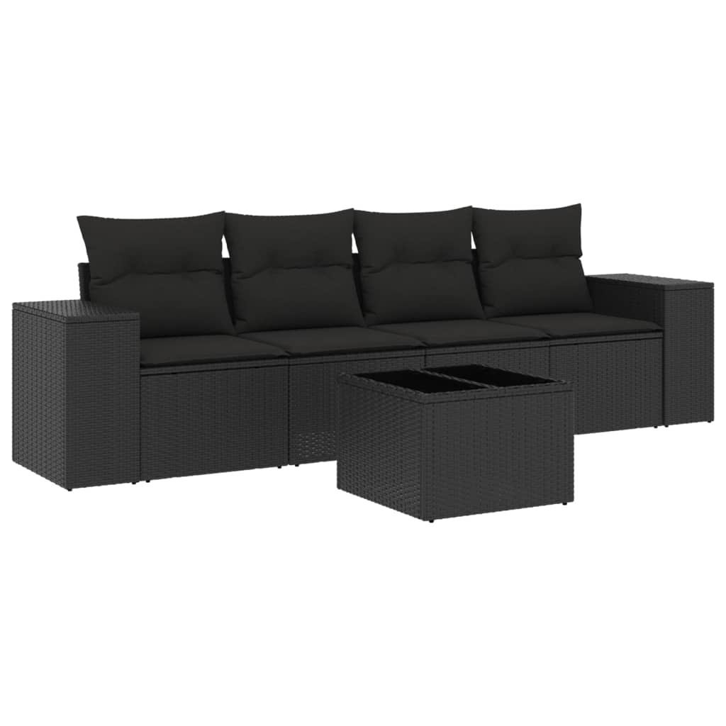 Modulares Gartensofa-Set, 5-teilig, mit Kissen, Poly Rattan, pulverbeschichteter Stahl, Hartglas-Tisch, UV-beständig, Schwarz