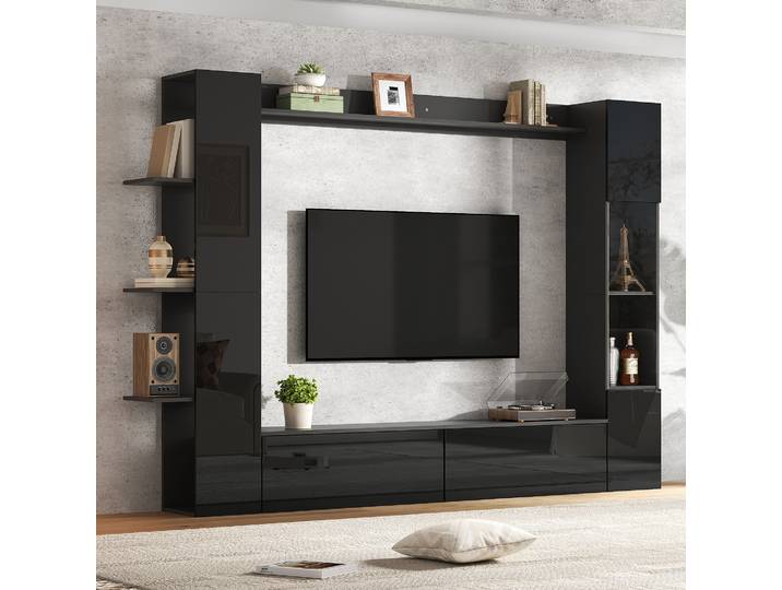 Ensemble Mural Tv 4 Pièces 245x30x170 Cm Avec Meuble Tv\, Vitrine\, Rangements Et Étagères\, Noir