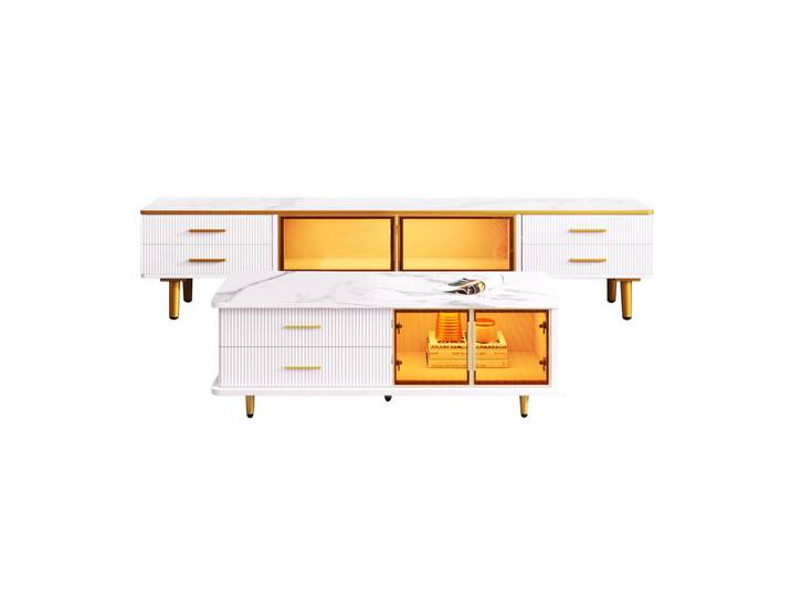 Flieks Couchtisch SET modulare Möbel Marmorstruktur goldene Griffe & Beine Weiß, Holz, 57x18x115 cm, Wohnzimmer, Wohnzimmertische, Couchtische