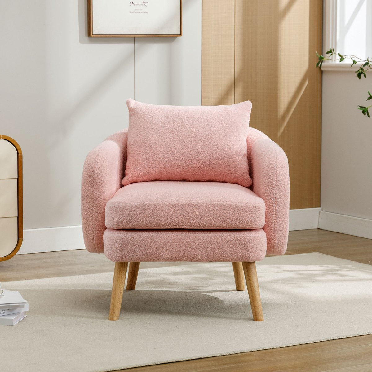 HAUSS SPOLE Sessel - 1 Persoons Armlehnensessel met Kussen - Teddystof - Roze