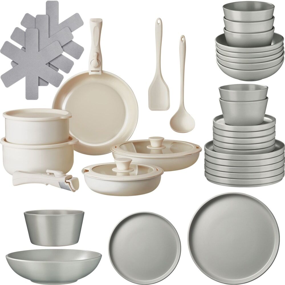 Tectake Set básico de cocina para 6 personas, 40 piezas, gris/blanco