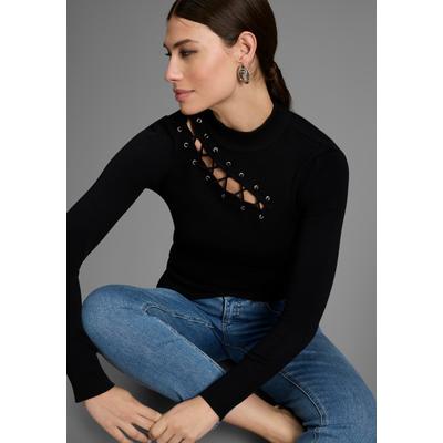Stehkragenpullover MELROSE, Damen, Gr. 44, schwarz, Feinstrick, Obermaterial: 70% Viskose, 30% Polyamid, unifarben, tailliert hüftlang, hoch geschlossener Ausschnitt, Pullover Stehkragenpullover, feminine Passform mit Zier-Schnürung