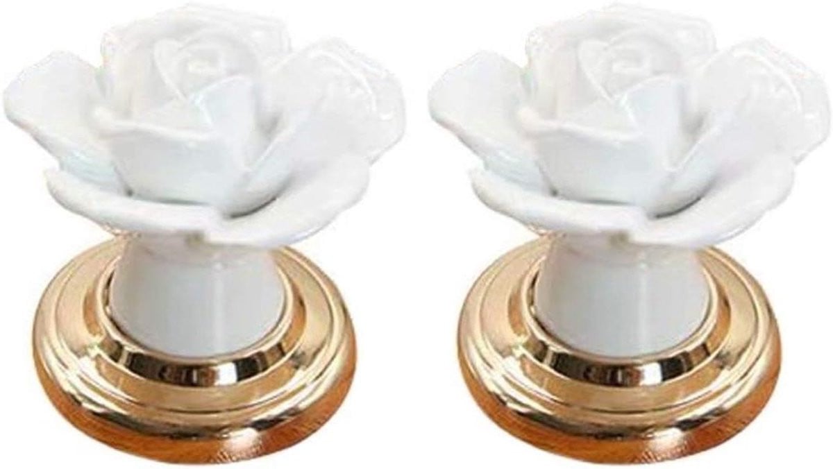 Bloemen Deurknoppen Wit Goud - 2 stuks Keramische Kastgrepen voor Meubels
