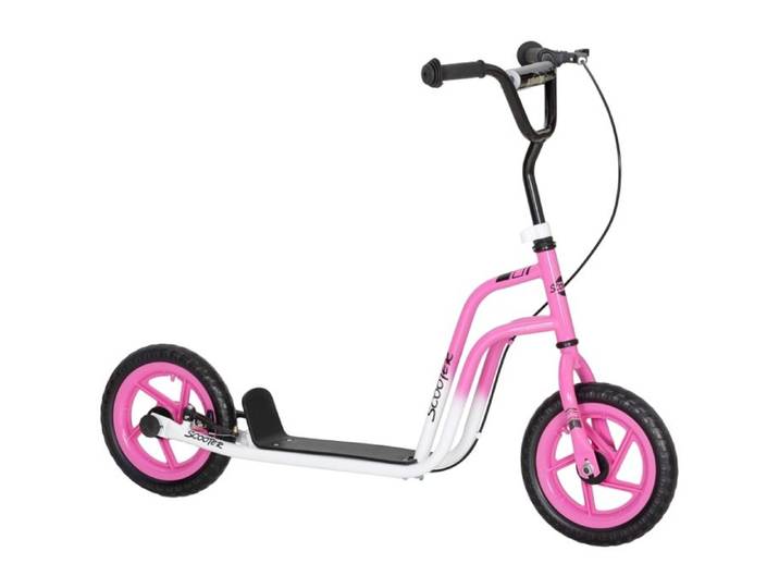 Trottinette pour enfants - Guidon réglable - Grandes roues 12 pouces - Frein à main - Béquille - Rose - Acier