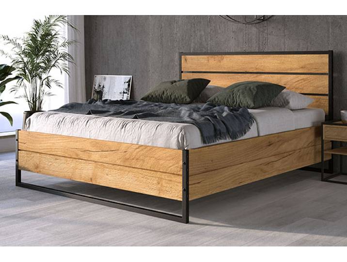 Massivholzbett Eiche Loft 160x200 cm - Industrial Bett mit Hebemechanismus & Bettkasten, Loft Doppelbett mit aufklappbarem Stahlrahmen