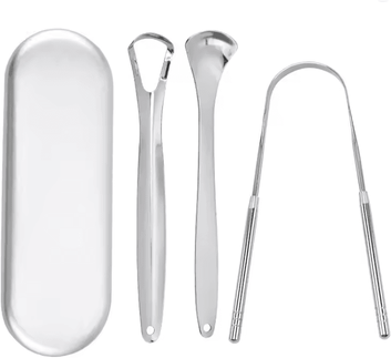 Inspire Essentials PureSteel Metal Tongue Scraper Cleaner Set 3pcs Silver A