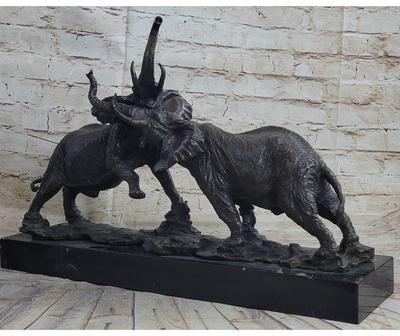 Bronzhaus Elephants In Battle Bronze Sculpture Hot Cast Marble Base Figurine Wild Life Art