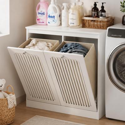 Kodotan sofa Flip-Top Louvered Laundry Basket Cabinet,Household Double-Section Fabric Laundry Storage Cabinet,Floor-Standing Storage Cabinet