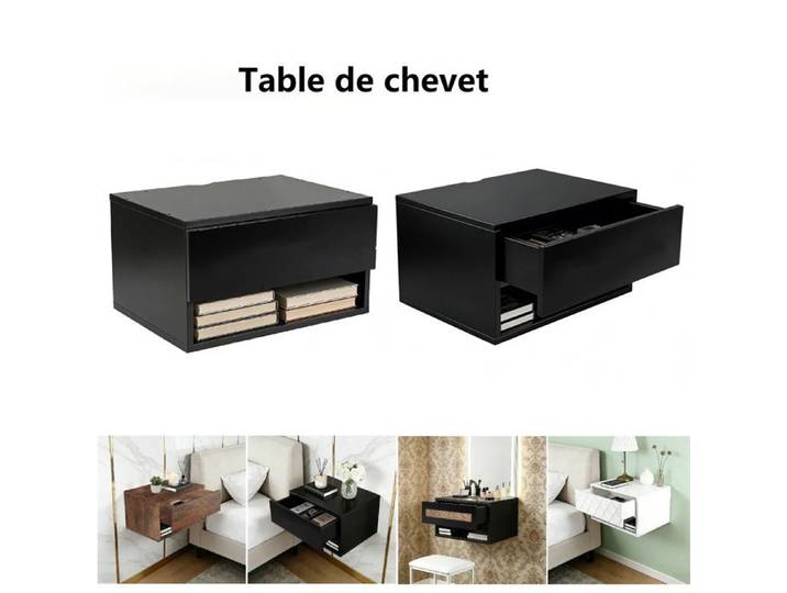 2 X Table de chevet Suspendu avec Tiroir et Compartiment Ouvert Noir Table de Nuit murale 40x29x23cm pour chambre