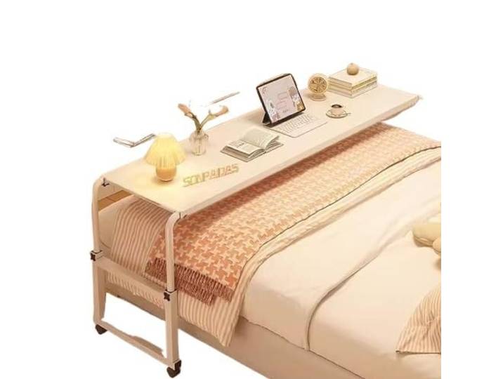 ENSDIEPLS Überbetttisch aus Holz und Stahl Weiß/Holz, 120/140 cm, verstellbarer Roll-Nachttisch for Heimbüro und Krankenhaus(White,120cm)