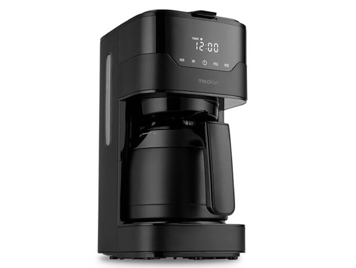MEDION Kaffeemaschine mit Thermoskanne und Timer (Filtermaschine, 8 Tassen, 1,2 Liter, 900 Watt, 3 Stufen, Warmhaltefunktion, Timer Zeitschaltuhr, Antitropf, Display, MD18458) matt schwarz