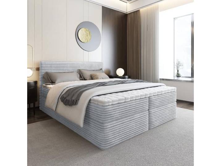 MW EURO-MEBLE Bett, Boxspringbett ZENO mit T25 Topper, Federkern, Doppelbett, Bettkasten, Stauraum,Polsterbett, LENGE 190cm (Hellgrau: Tilia 86, 160x190 cm)