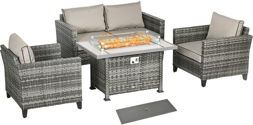 Outsunny Ajanai PE Rattan Garden Furniture Set with Gas Fire Pit Table Grey 4