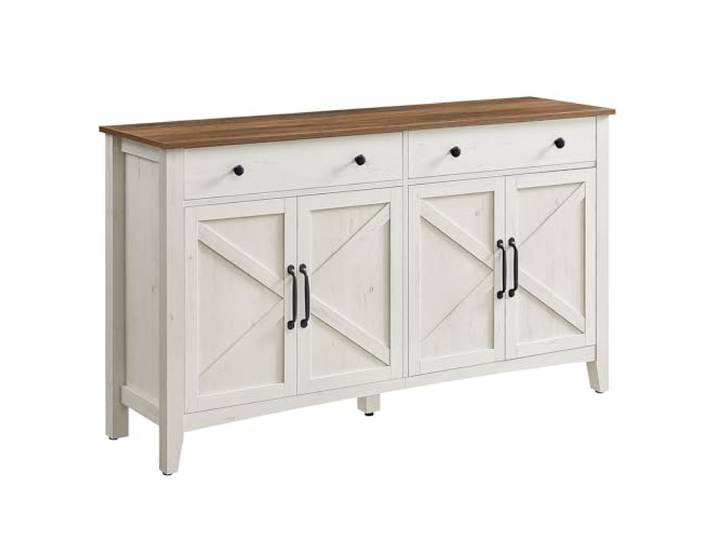 VASAGLE Küchenschrank mit 2 Türen, Sideboard Mit 2 Schubladen und 2 Türen, verstellbare Ablagen, Landhausstil, Vintageweiß und Honigbraun, LIRY Kollektion BBK381W02