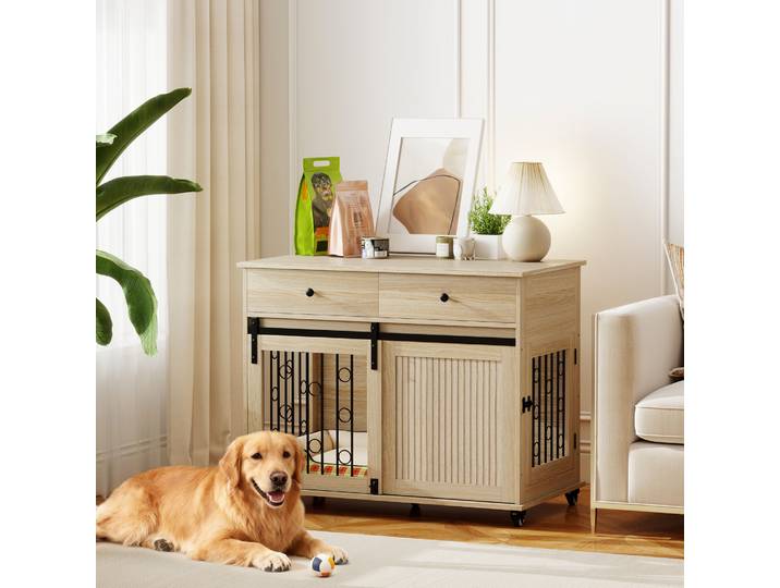 PawHut Caisse Chien Bois Acier Roulettes 2 Portes 2 Tiroirs