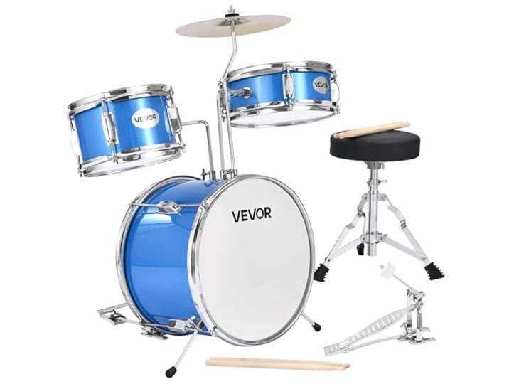 VEVOR Batterie Enfant\, 3 PCS\, Batterie Débutants\, Grosse Caisse 35\,56 cm avec Tom-Tom 20\,32 cm Caisse Claire 25\,4 cm\, Siège Réglable\, Baguettes\, Kit Apprentissage Musical\, pour Enfants 6-13 Ans\, Bleu