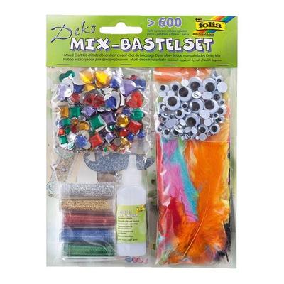 Folia 12420 - Deko-Mix Bastelset, 600 Teile, sortiert, bestehend aus Schmucksteinen, Wackelaugen, Federn, Glitzer und Kleber