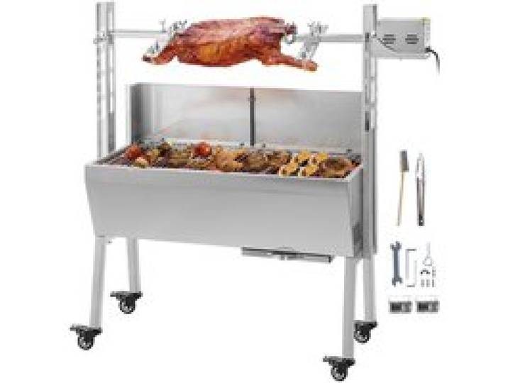 VEVOR 40KG Barbecue à Charbon Tournebroche Électrique en Acier Inox Rôtissoire Four sur Pied Inoxydable 25W BBQ Surface de Cuisson 84x40cm Kit de Fourchettes à Rôtir pour Jardin Camping Gril à Viande