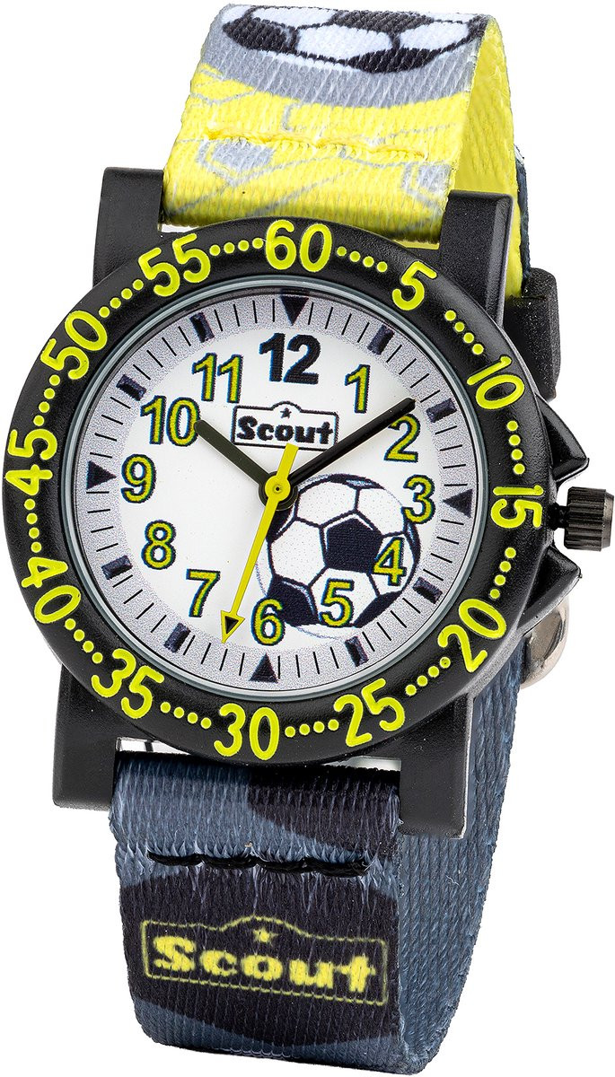 Scout Kinderuhr analog The IT-Collection met geelgroen kunstleer met voetbalmotieven en kwartsuurwerk