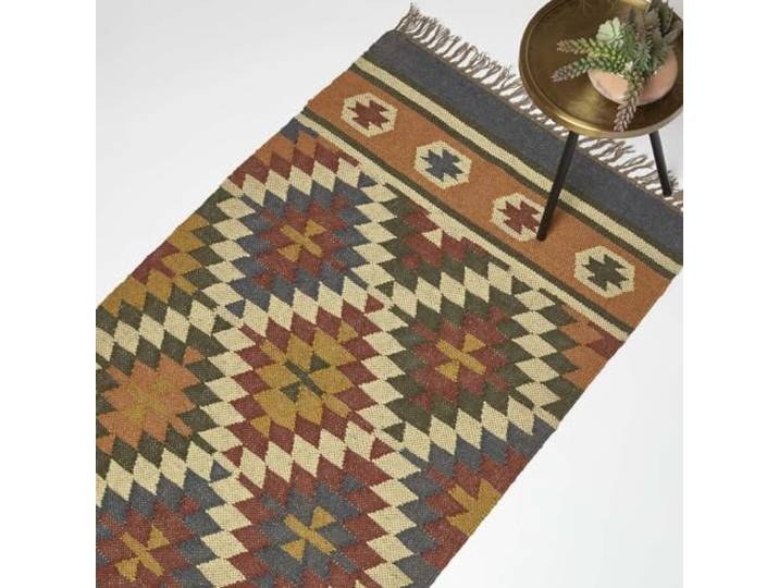 HOMESCAPES Tapis de Couloir Kilim en Jute et Laine\, Tapis Long Multicolore Lucea\, Tapis de Salon Artisanal 80x180 cm