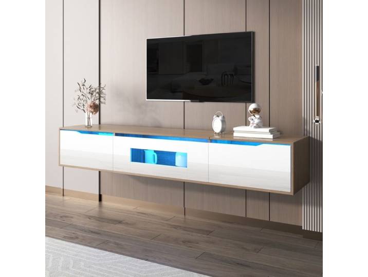 Meuble TV LED 180x35x30cm - Effet Rainuré & Éclairage 16 Couleurs - Fixation Murale Possible - Blanc Laqué Brillant & Effet Bois