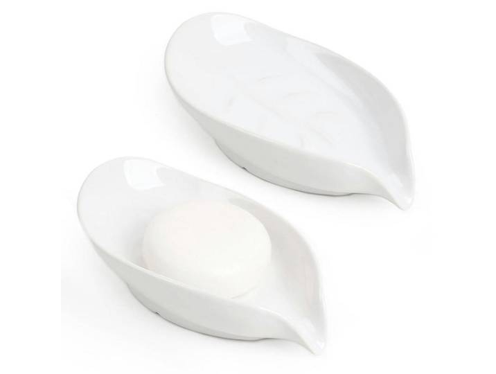 Seifenschale 2er-Set Blattform Weiß Porzellan, Keramik, 8.5x1.5x13.5 cm, Badaccessoires, Seifenspender