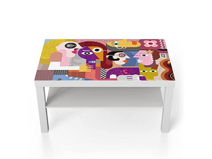 DEQORI Glastisch weiß groß 90x50 cm Motiv Hund zwischen Menschen ausgefallener Beistelltisch aus Glas Hochglanz Couchtisch fürs Wohnzimmer moderner Couch Tisch mit Design