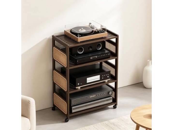 YHTCSXMD HiFi Rack, Audio Rack mit Verstellbaren Holzablagen Holz und Rattan, Rollen mit Bremse, flexible Ablagen für Verstärker und Plattenspieler, Wohnzimmer oder Arbeitszimmer