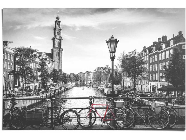 Poster REINDERS Die Grachten von Amsterdam Brücke - Fahrrad - Stadt - Die Niederlande , schwarz (farbe bild(er): schwarz, weiß), B:91,5cm H:61cm, Papier, Bilder, Poster