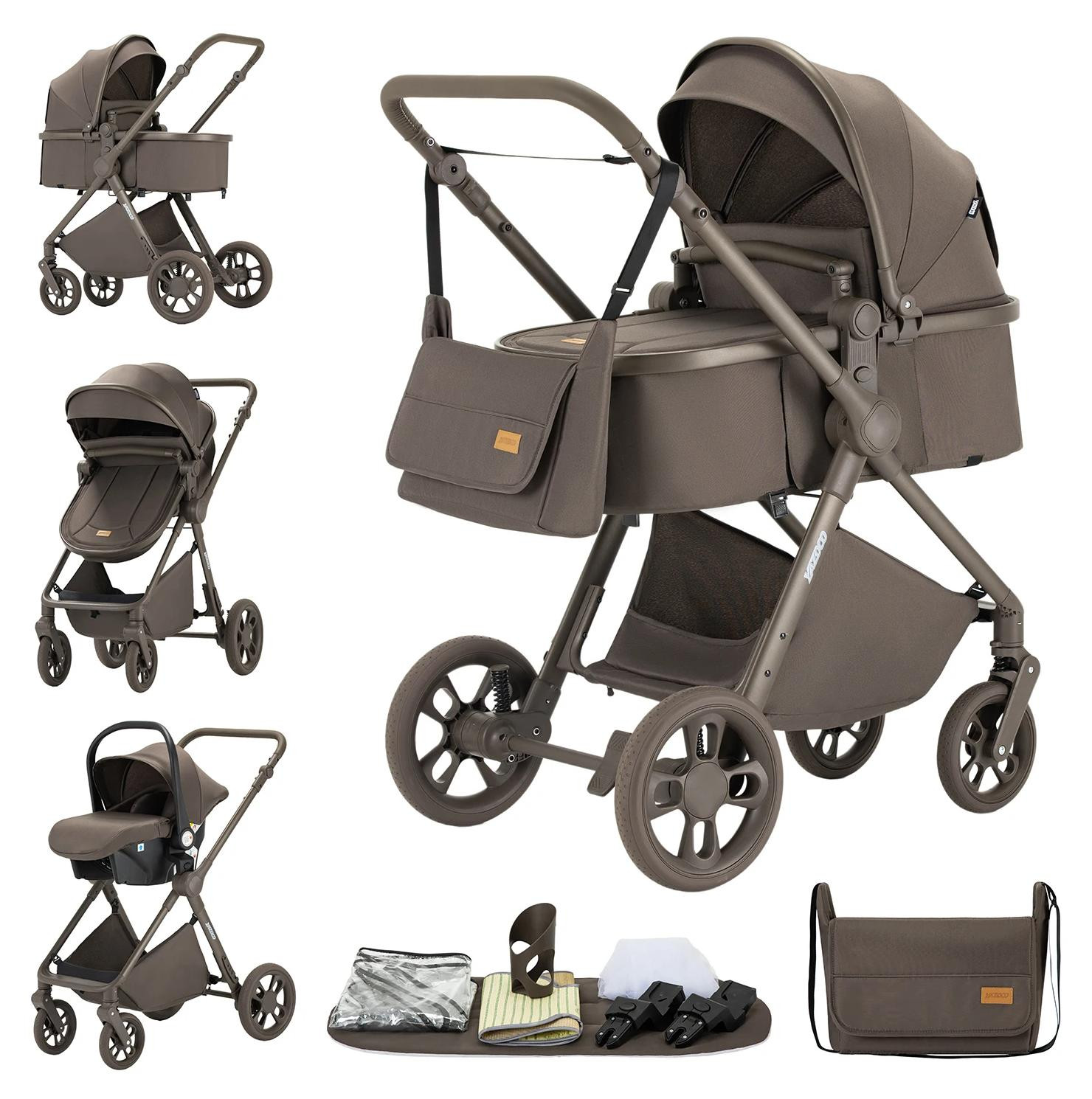 H2 Chocolade 2in1 Kinderwagen en Autostoel, Bruin, Aluminium en Textiel